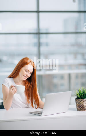 Belle rousse hippie woman using laptop in office Banque D'Images