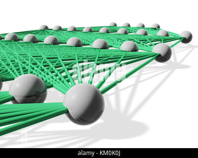 Réseau de neurones artificiels, couches avec liens vert isolé sur blanc, 3d illustration Banque D'Images