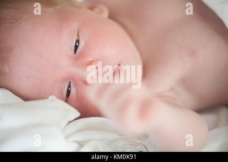 Bébé paisible sur un lit pendant le sommeil dans une salle lumineuse Banque D'Images