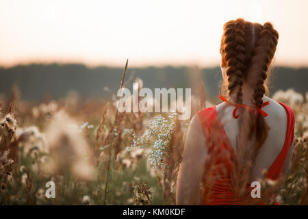 Belle fille avec de longs cheveux rouges. Banque D'Images