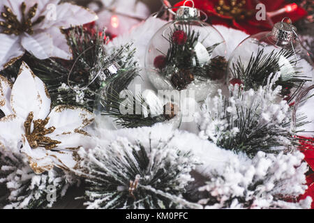 Décoration de Noël Noël ou Nouvel an. contexte : poinsettia fleurs de noël, arbre de Noël, branches d'arbre et Garland Banque D'Images