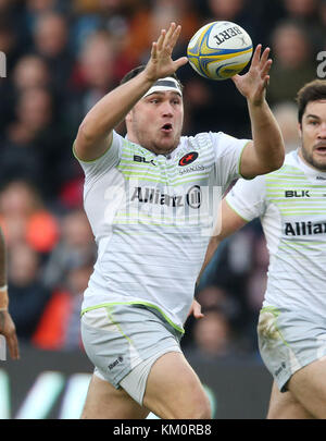 Saracens' Jamie George au cours de l'Aviva Premiership match à Twickenham Stoop, Londres. Banque D'Images