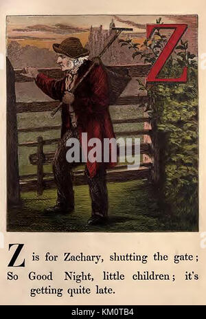 Une couleur historique Victorian children's ABC book illustration - Z pour Zachary (un vieux paysan ou traveller (tramp) à un field gate avec un bâton tenant un panier au-dessus de l'épaule Banque D'Images