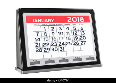 Janvier 2018 Calendrier numérique, 3D Rendering isolé sur fond blanc Banque D'Images
