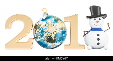 Bonne année 2018 avec Bonhomme et boule de Noël en forme de globe terrestre, rendu 3D Banque D'Images