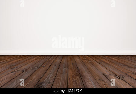 Plancher en bois foncé avec mur blanc bakground Banque D'Images