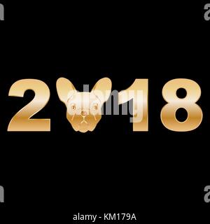 Nombre d'or 2018 avec tête de chien sur fond noir Illustration de Vecteur