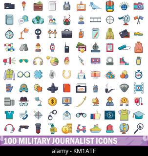 Journaliste militaire 100 icons set, cartoon style Illustration de Vecteur