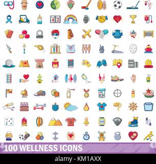 100 icons set de bien-être, style cartoon Illustration de Vecteur