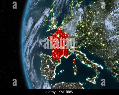 Carte nocturne de la France vue de l'espace sur la planète Terre. Illustration 3D. Éléments de cette image fournis par la NASA. Banque D'Images