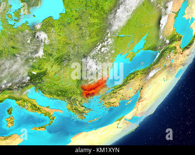 Vue satellite de la Bulgarie surlignée en rouge sur la planète Terre avec des nuages. Illustration 3D. Éléments de cette image fournis par la NASA. Banque D'Images