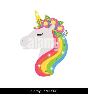 Icône vecteur unicorn isolé sur blanc. tête portrait autocollant cheval, patch badge. cute cartoon magic fantasy. animal mignon cheveux arc-en-design pour les enfants. Illustration de Vecteur