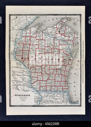 George Cram Carte antique de 1866 Atlas pour avocats et banquiers : États-Unis - Wisconsin - Madison Green Bay Marquette Banque D'Images