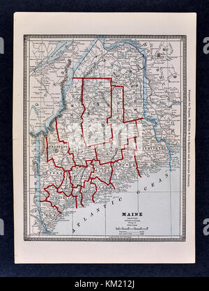 George Cram Carte antique de 1866 Atlas pour avocats et banquiers : États-Unis - Maine - Augusta Portland Caribou Bangor Banque D'Images