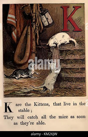 Une couleur historique Victorian children's ABC book illustration - K est pour les chatons dans une grange Banque D'Images