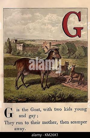 Une couleur historique Victorian children's ABC book illustration - G pour les enfants et une chèvre avec château anglais dans l'arrière-plan Banque D'Images