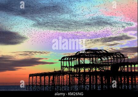 L'image artistique avec des effets de filtre d'étourneaux volant dans une masse énorme dans le ciel au coucher du soleil au-dessus du front de mer de Brighton et Hove en Angleterre. Banque D'Images