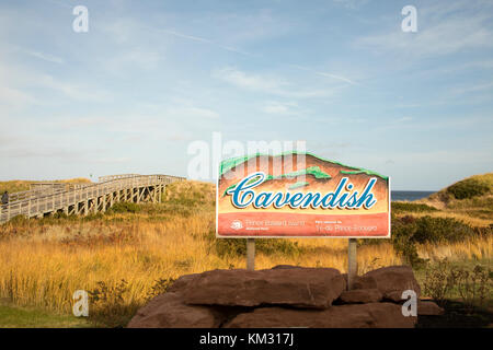 La plage Cavendish Parc national sur l'Ile du Prince-Édouard, Canada Date de l'affichage dans les dunes avec trottoir de bois. Banque D'Images