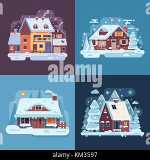 Maisons rurales et cabines d'hiver paysages Illustration de Vecteur