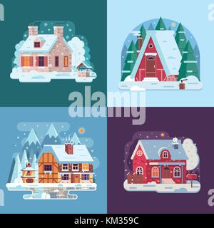 Maisons rurales et cabines d'hiver paysages Illustration de Vecteur