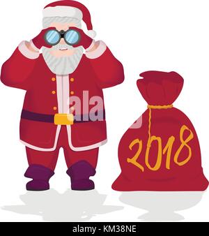 Santa Claus holding binoculars dans ses mains avec sac de noël. Illustration de Vecteur