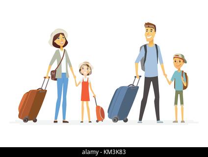 Famille en vacances - cartoon personnes isolées caractères illustration sur fond blanc. smiling parents et enfants se tenant avec bagages portant des ca Illustration de Vecteur