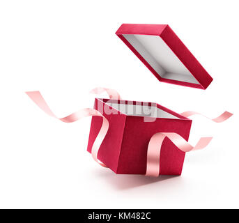 Ouvert rouge boîte-cadeau avec ruban isolé sur fond blanc Banque D'Images