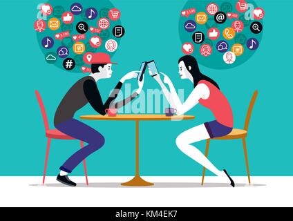 Couple assis sur un millénaire à l'aide de café leurs téléphones intelligents, chat et sms nessages de réseaux d'amis. Illustration de Vecteur