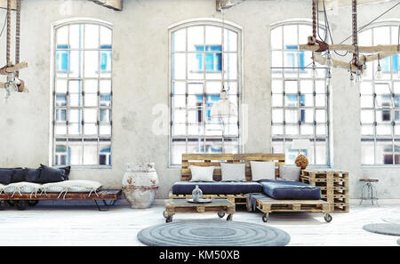 Grenier salon intérieur. Meubles palettes .3d illustration Banque D'Images