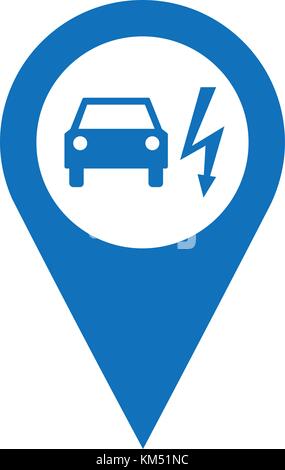 La station de recharge de véhicules électriques, repérer l'icône map point avec la voiture et l'électricité symbole, vector illustration. Illustration de Vecteur