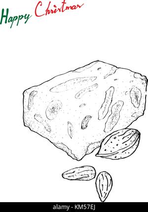 Par contre l'illustration croquis de torrone traditionnels ou de nougat le miel, le sucre et le blanc d'oeuf avec amandes ou autres noix servi au cours de th Illustration de Vecteur