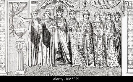 L'impératrice Théodora et ses accompagnateurs, provenant d'une mosaïque de saint vitale à Ravenne, Italie. Théodora, 500 - 548. L'impératrice de l'Empire byzantin par mariage à l'empereur Justinien I. de Ward et verrouiller l'illustre l'histoire du monde, publié c.1882. Banque D'Images