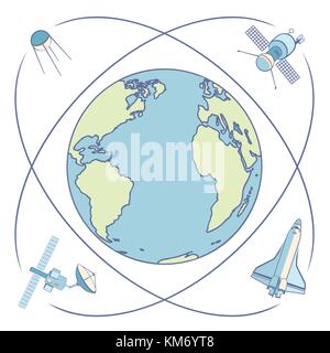 La terre dans l'espace. les satellites et les vaisseaux spatiaux en orbite autour de la terre. Illustration de Vecteur