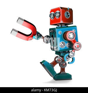 Robot rétro tenant un aimant. 3D illustration. Isolé. Contient un masque. Banque D'Images