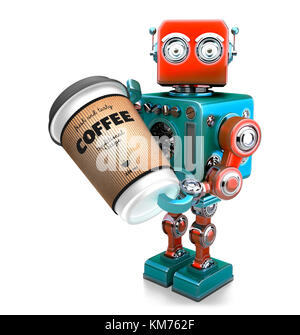 Pause café. Tasse de café dans la main du robot rétro. Illustration 3D. Isolé. Contient un masque. Banque D'Images