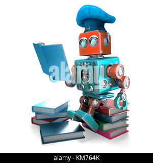 Robot Chef lisant le livre de cuisine. Illustration 3D. Isolé. Contient un masque Banque D'Images