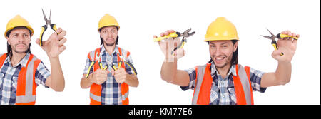 Handyman détient nippers isolated on white Banque D'Images