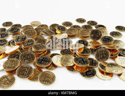 Pièces d'or dispersées, flux de trésorerie bitcoin , fond blanc, 3d illustration Banque D'Images
