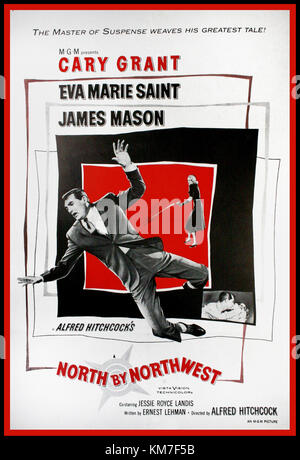 NORTH BY NORTHWEST, 1959. Vintage Classic Original Movie Film Cinéma Théâtre Poster avec, Cary Grant, Eva Marie Saint, James Mason, réalisateur Alfred Hitchcock écrivain Ernest Lehman. Un des maîtres du suspense films le plus légendaire, cette affiche est une représentation du labyrinthe le spectateur est pris par l'histoire se déroule. Banque D'Images