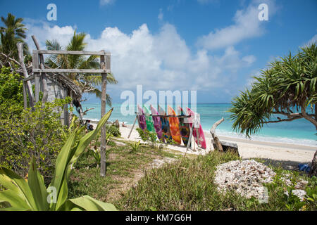 L'île de mystère, Vanuatu-December 2,2016 : les touristes à la plage avec des kayaks colorés sur une grille et les eaux de l'océan Pacifique à l'île de mystère, Vanuatu Banque D'Images