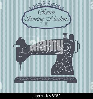 Machine à coudre rétro avec ornement floral sur l'arrière-plan. hipster vintage. fashiond sign design ancien thème label. Illustration de Vecteur