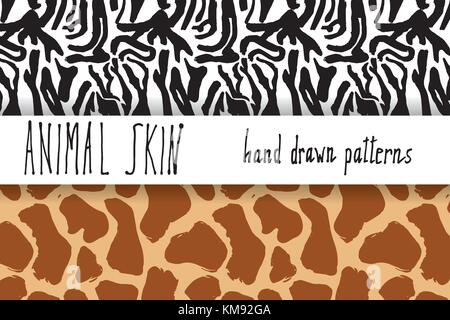 La peau d'animaux dessinés à la main, la texture seamless vector pattern set, esquisse zeebra et textures de peau de girafe. Illustration de Vecteur