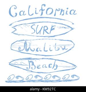 Lettrage dessiné à la main la plage de Malibu en Californie signe surf, t-shirt, design graphique typographie grungy vector illustration d'un insigne appliq Illustration de Vecteur