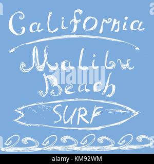 Lettrage dessiné à la main la plage de Malibu en Californie signe surf, t-shirt, design graphique typographie grungy vector illustration d'un insigne appliq Illustration de Vecteur