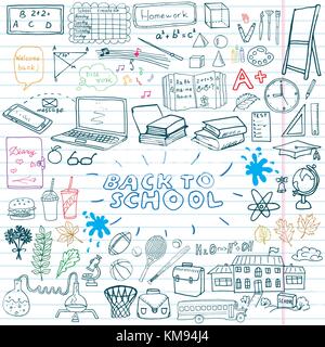 Retour à l'école fournitures sketchy notebook doodles ensemble avec le lettrage, les éléments de conception d'illustration vectorielle sur sketchbook bordée on chalkboard Illustration de Vecteur