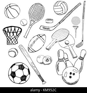 Sport balls jeu de croquis dessinés à la main avec le baseball, bowling, tennis, football, balles de golf et autres articles de sport. dessin doodles éléments. collection, est Illustration de Vecteur