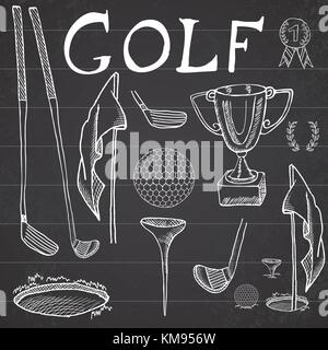 Golf sport jeu de croquis dessinés à la main, avec illustration vectorielle, clubs de golf, balle, tee, trou avec un drapeau, et la coupe du prix, dessin doodles collection d'éléments, o Illustration de Vecteur