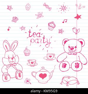 Hand drawn vector illustration jeu de plateau de travail avec des jouets en peluche, théière, tasses, des crêpes, des bonbons oiseaux et papillons, cute doodles articles éléments. Illustration de Vecteur