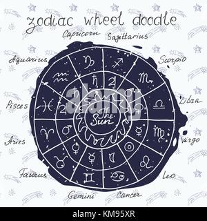 Collection de signes du zodiaque. doodle croquis dessinés à la main la roue du zodiaque, l'horoscope d'illustration vectorielle icônes symbole graphiques. Illustration de Vecteur