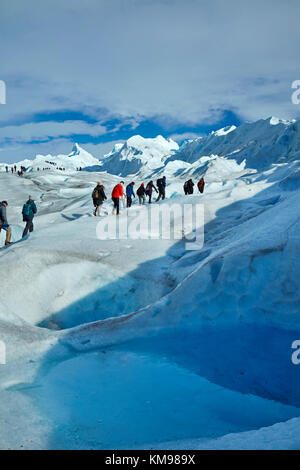 Piscine bleu et randonneurs sur le glacier Perito Moreno, Parque Nacional Los Glaciares (zone du patrimoine mondial), Patagonie, Argentine, Amérique du Sud Banque D'Images